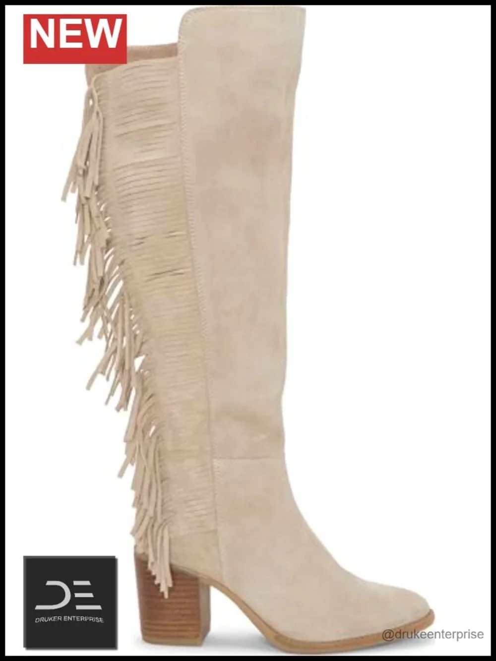 Suede Almond Toe Fringe Boots - Over the Knee Block Heel Zip Closure